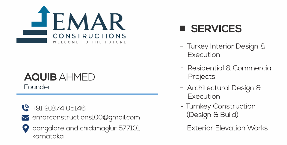Aquib Ahmed's business card — Emar Constructions & Interiors, founder, with direct phone and email
